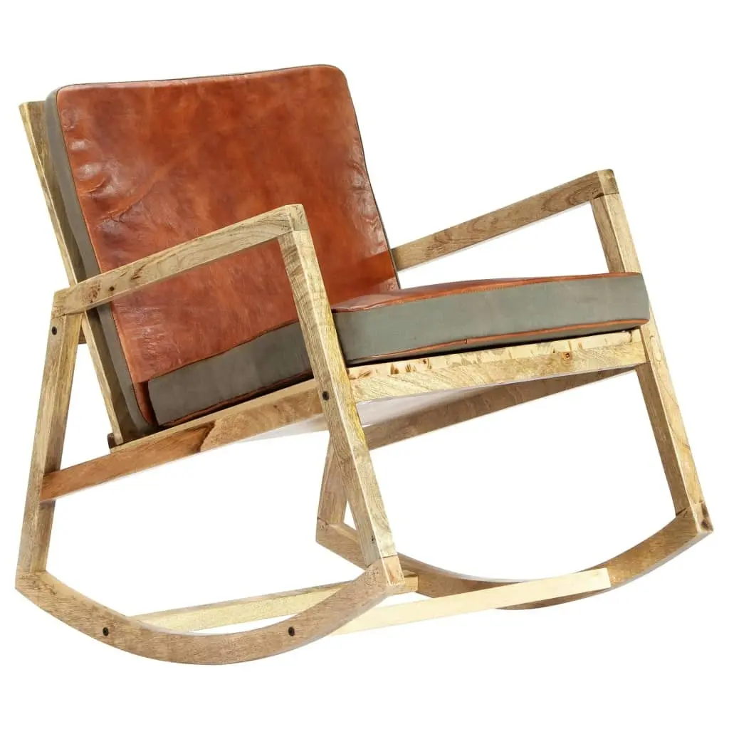 Rocking Chair Brown Real Leather and Solid Mango Wood 282906