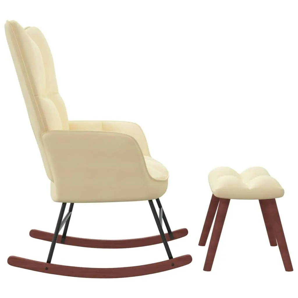 Rocking Chair with a Stool Cream White Velvet 328159