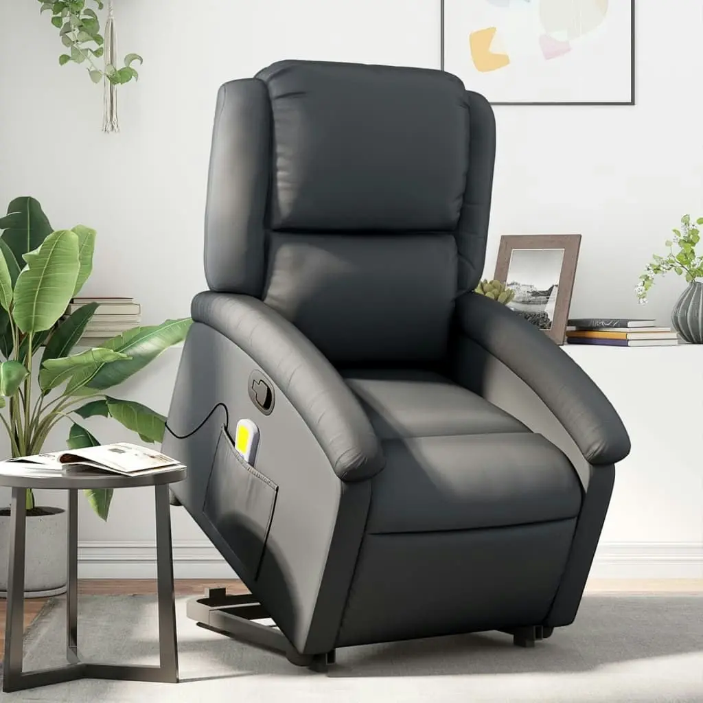 Stand up Massage Recliner Chair Black Real Leather 3205483