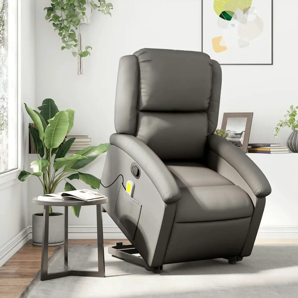 Stand up Massage Recliner Chair Grey Real Leather 3205485