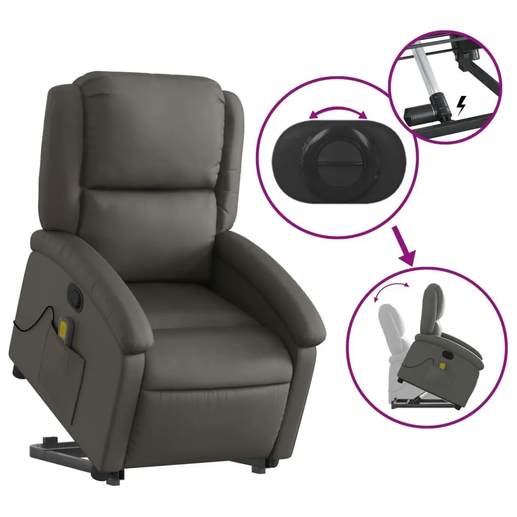 Stand up Massage Recliner Chair Grey Real Leather 3205485