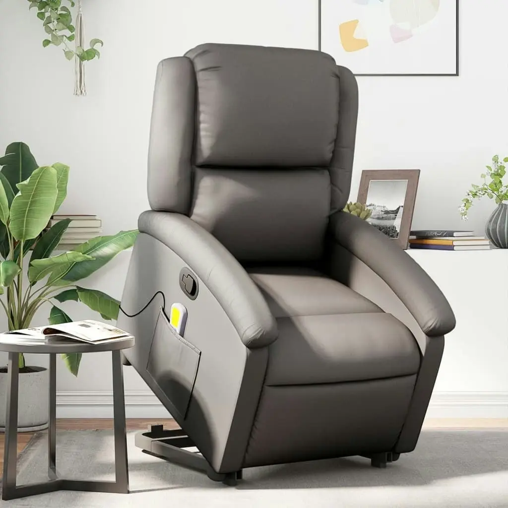 Stand up Massage Recliner Chair Grey Real Leather 3205485