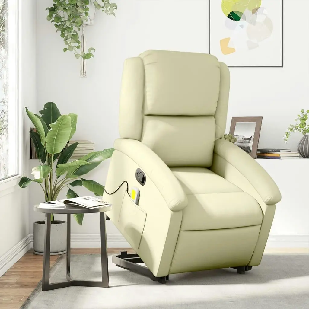 Stand up Massage Recliner Chair Cream Real Leather 3205484