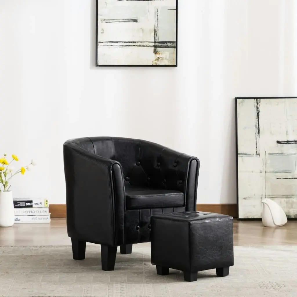 Tub Chair with Footstool Black Faux Leather 248045