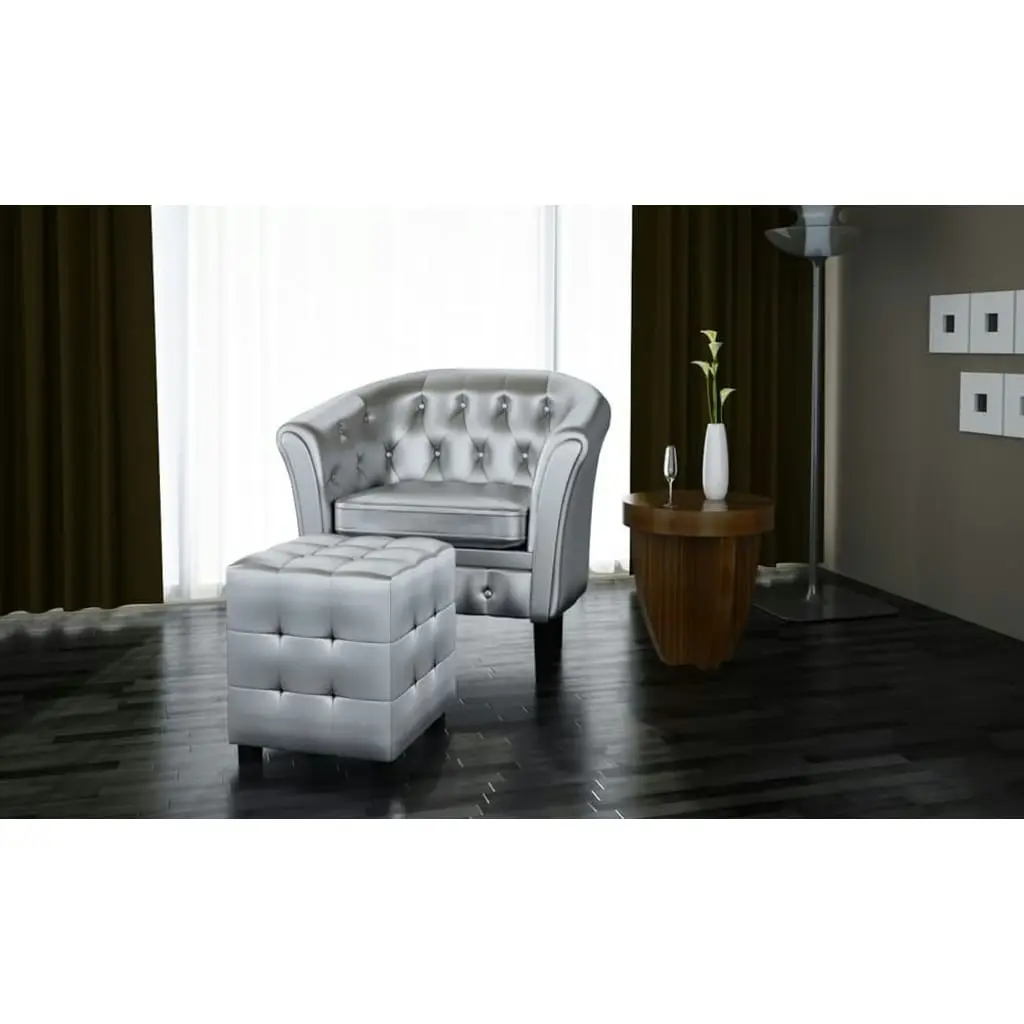 Tub Chair with Footstool Silver Faux Leather 60709