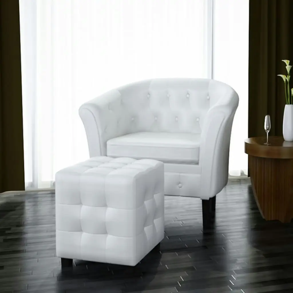 Tub Chair with Footstool White Faux Leather 60711