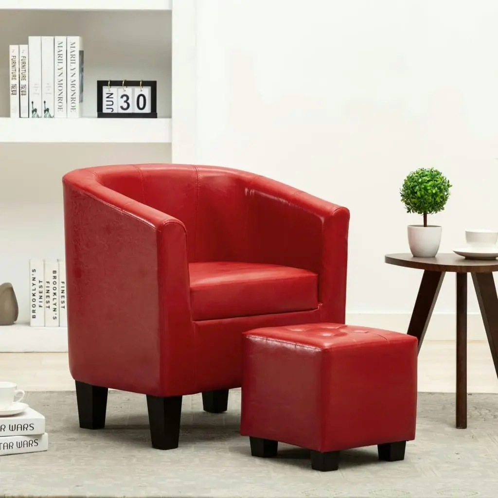 Tub Chair with Footstool Red Faux Leather 248062