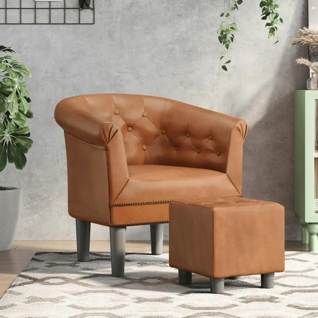 Tub Chair with Footstool Brown Faux Leather 356501