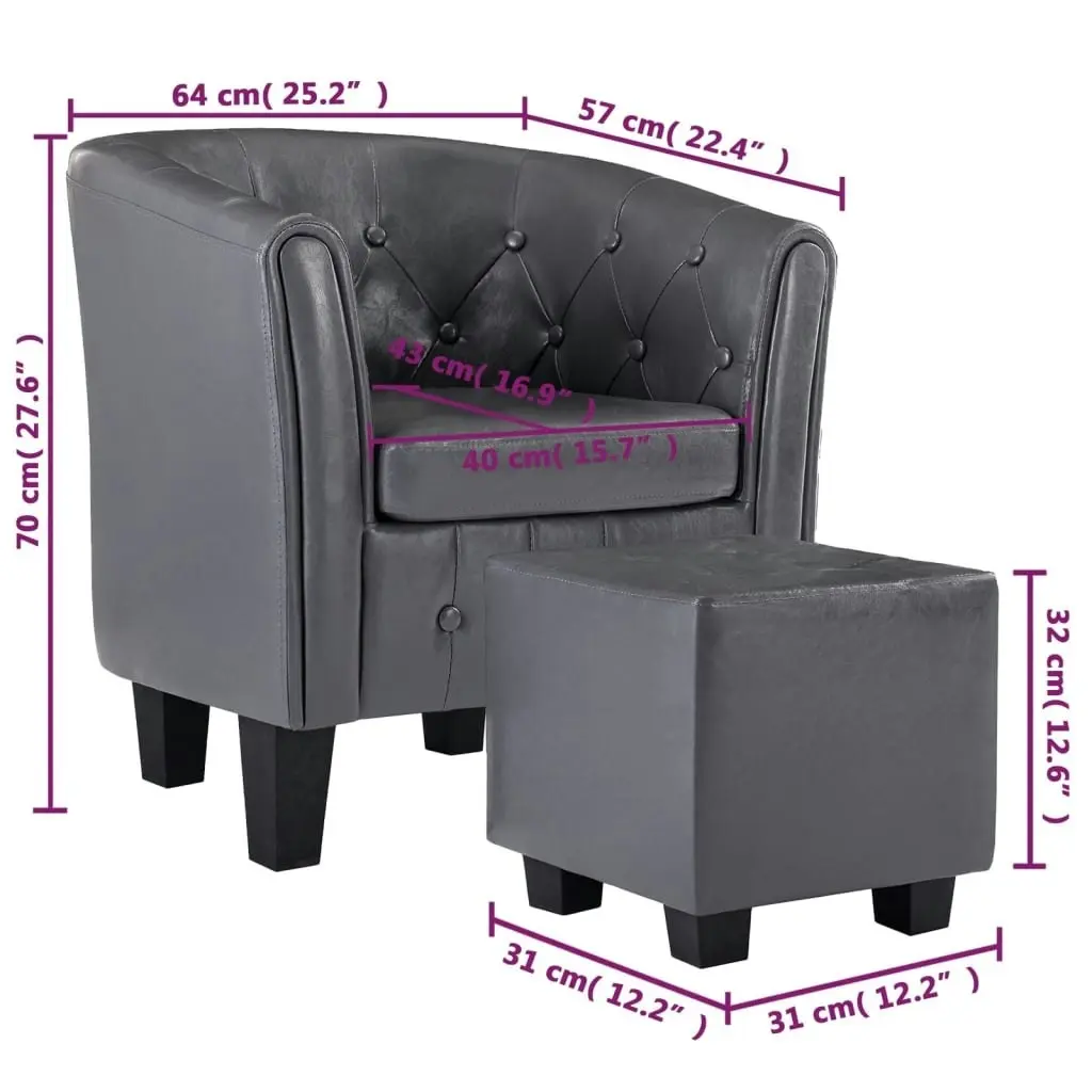 Tub Chair with Footstool Grey Faux Leather 248046