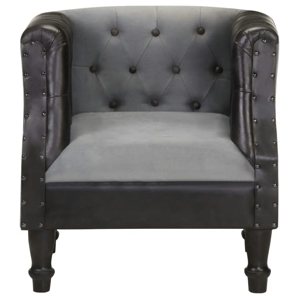 Tub Chair Black Real Leather and Solid Mango Wood 320606