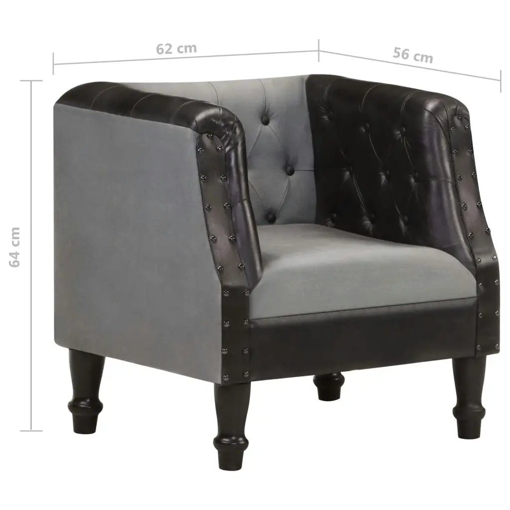 Tub Chair Black Real Leather and Solid Mango Wood 320606