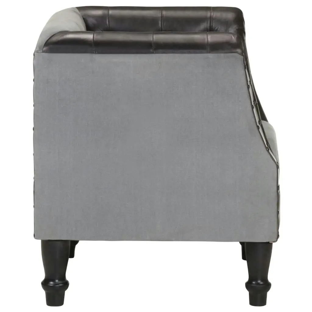 Tub Chair Black Real Leather and Solid Mango Wood 320606