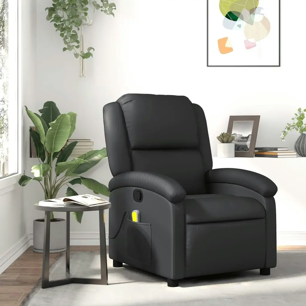 Massage Recliner Chair Black Real Leather 371793