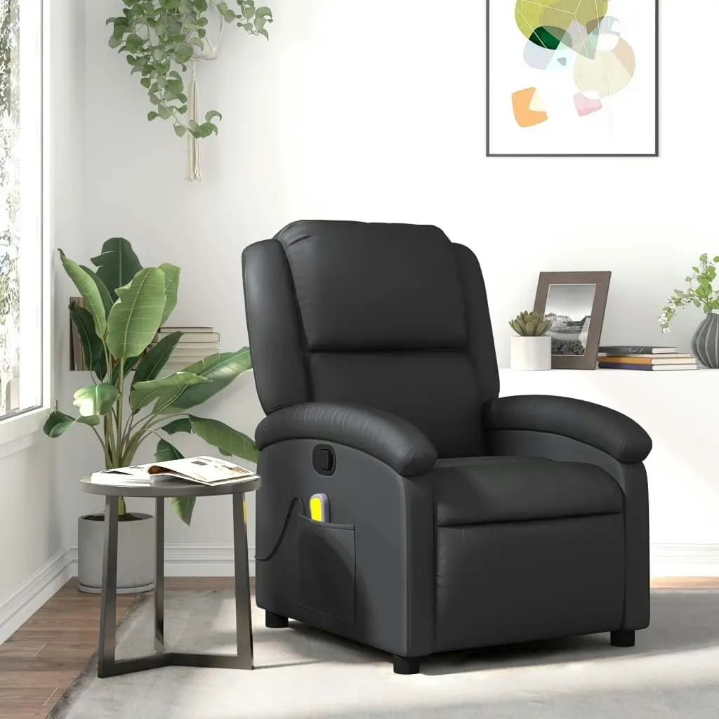 Massage Recliner Chair Black Real Leather 3205471