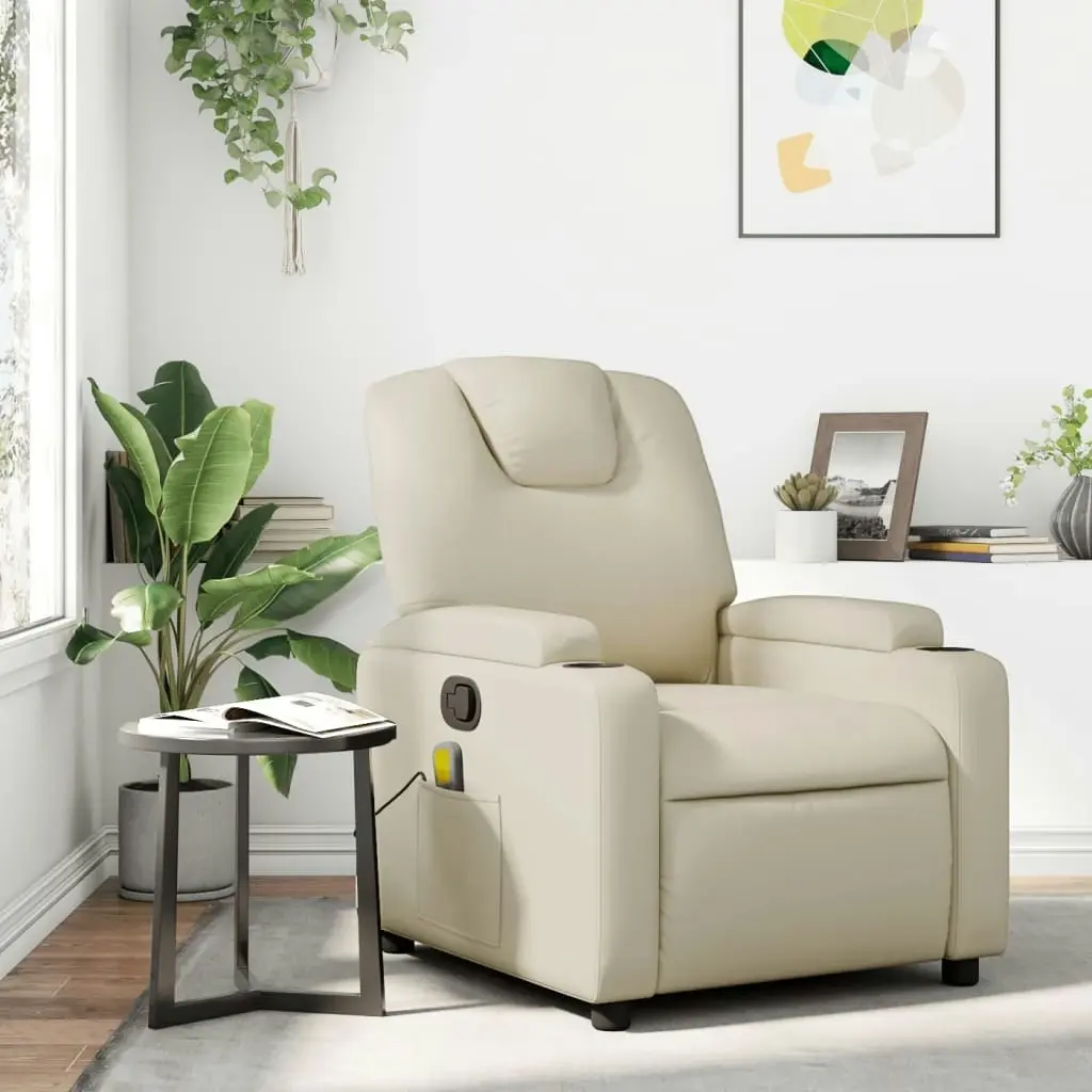 Massage Recliner Chair Cream Faux Leather 372397