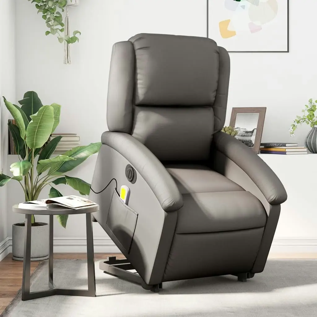 Electric Stand up Massage Recliner Chair Grey Real Leather 3205491