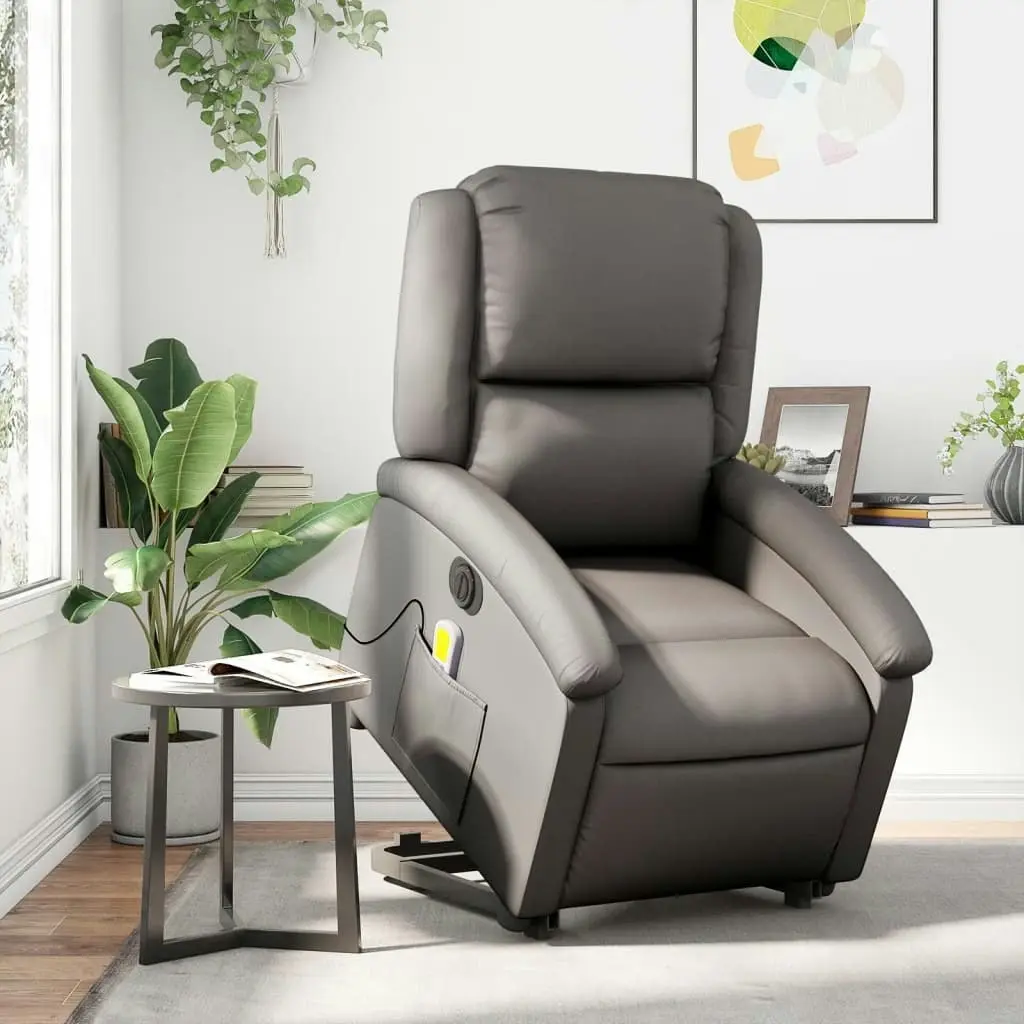 Electric Stand up Massage Recliner Chair Grey Real Leather 3205491