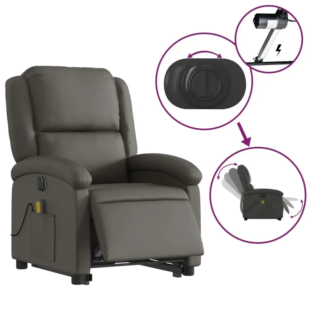 Electric Stand up Massage Recliner Chair Grey Real Leather 3205491