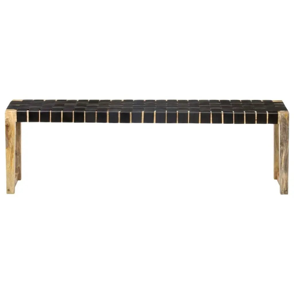 Bench 150 cm Black Real Leather and Solid Mango Wood 321839