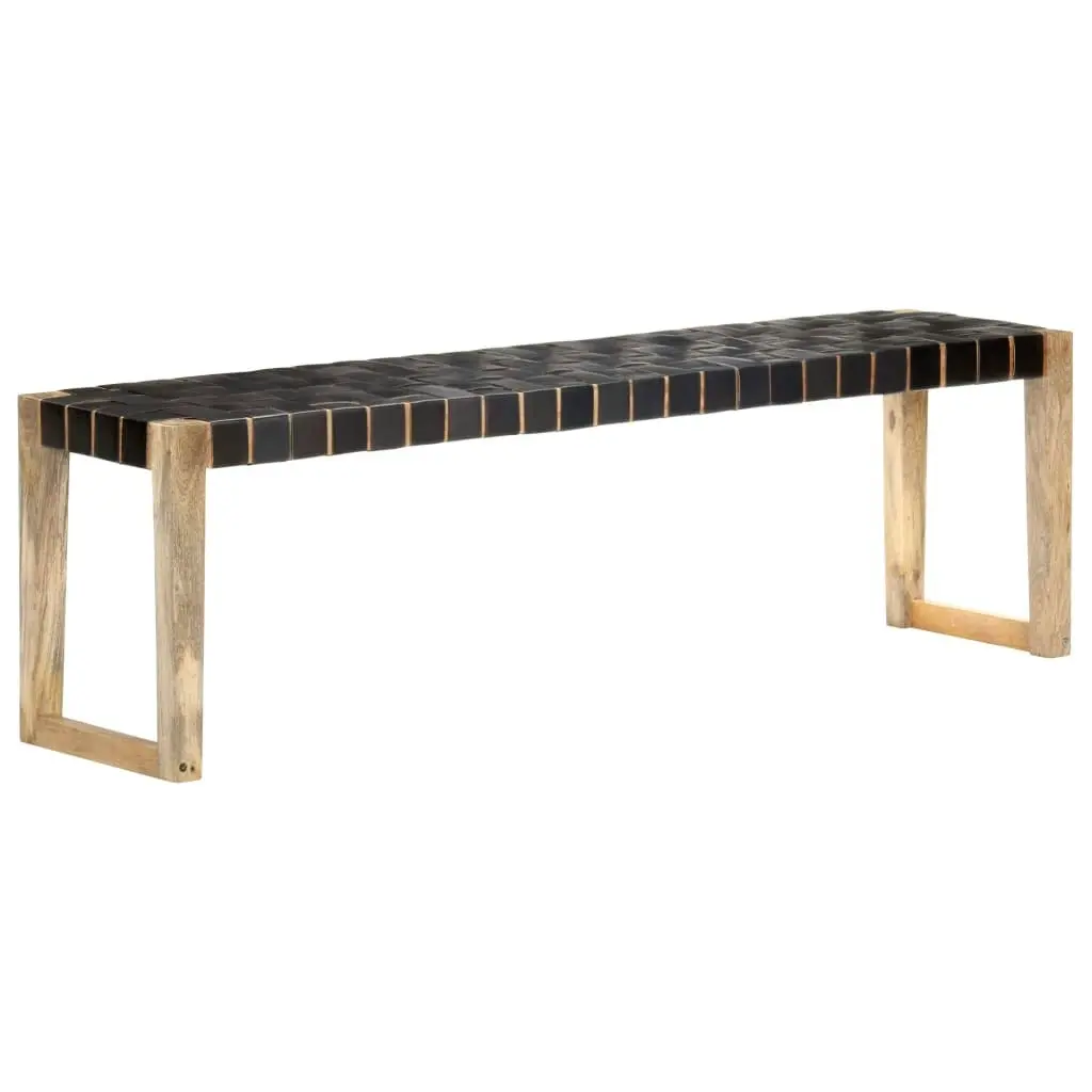 Bench 150 cm Black Real Leather and Solid Mango Wood 321839