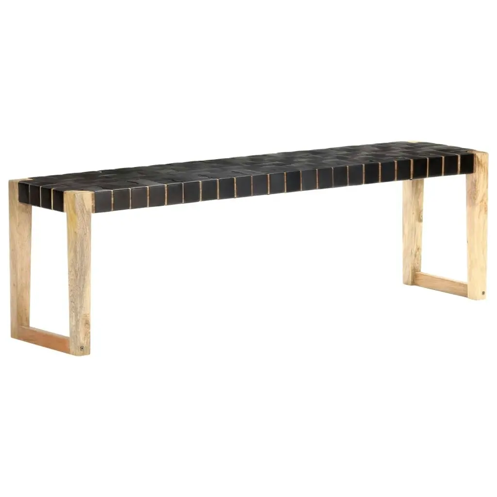 Bench 150 cm Black Real Leather and Solid Mango Wood 321839