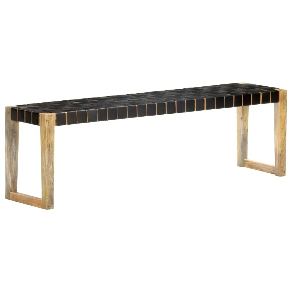 Bench 150 cm Black Real Leather and Solid Mango Wood 321839