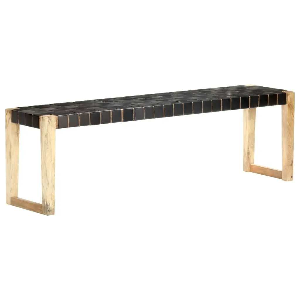 Bench 150 cm Black Real Leather and Solid Mango Wood 321839