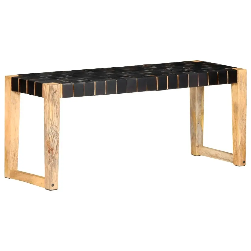 Bench 110 cm Black Real Leather and Solid Mango Wood 321838