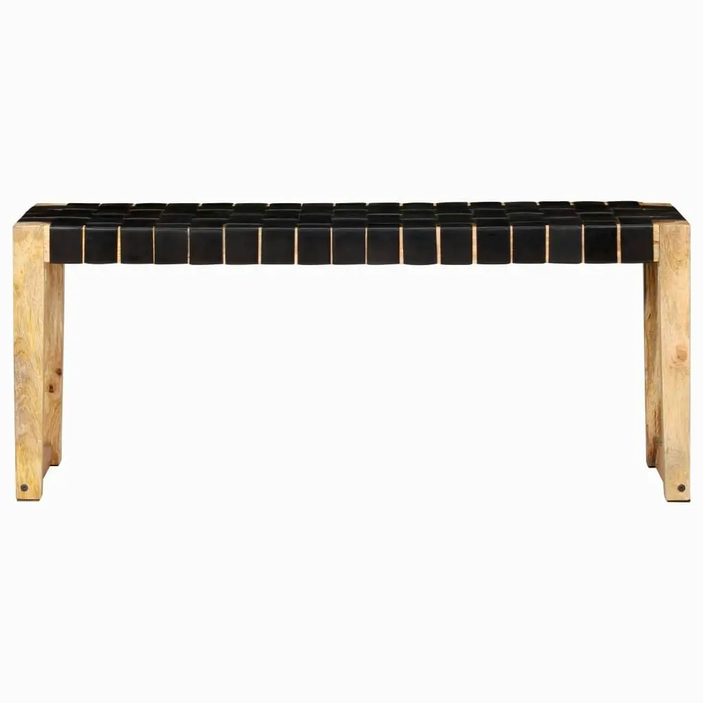 Bench 110 cm Black Real Leather and Solid Mango Wood 321838