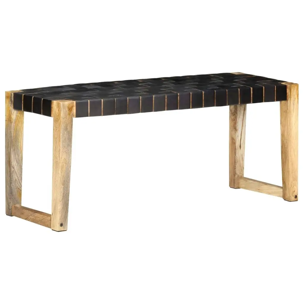 Bench 110 cm Black Real Leather and Solid Mango Wood 321838