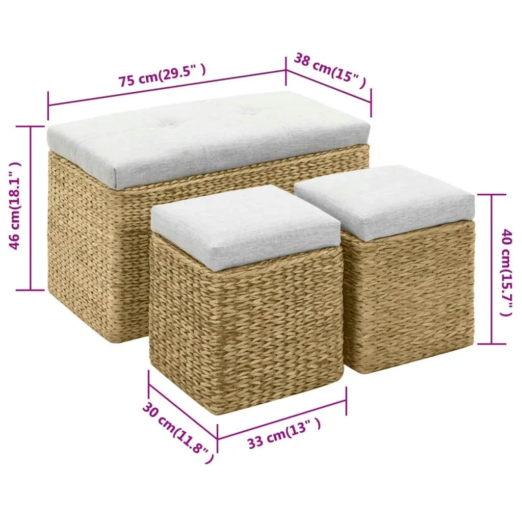 Bench with 2 Ottomans Seagrass Grey 246105