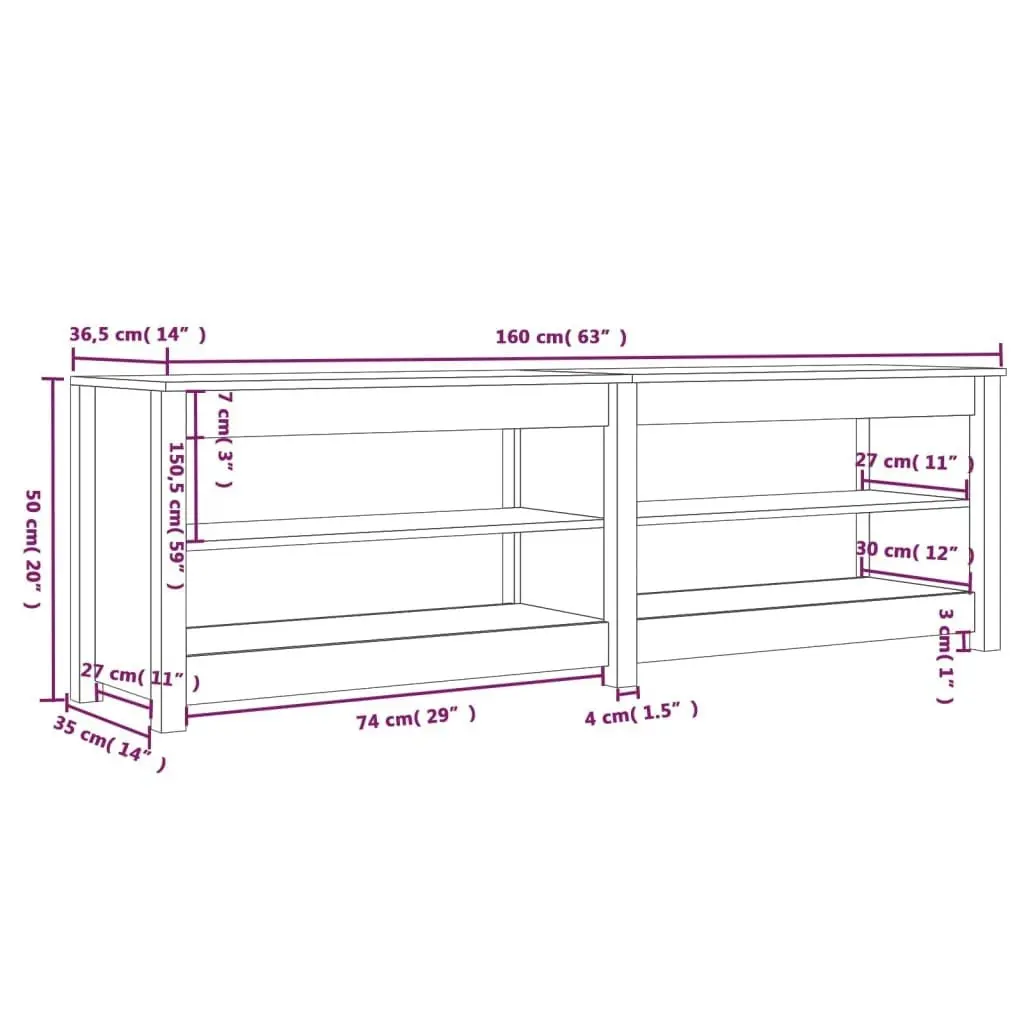 Shoe Bench 160x36.5x50 cm Solid Wood Pine 821724