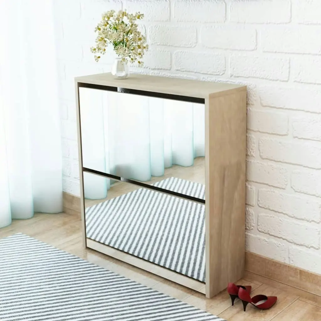 Shoe Cabinet 2-Layer Mirror Oak 63x17x67 cm 243045