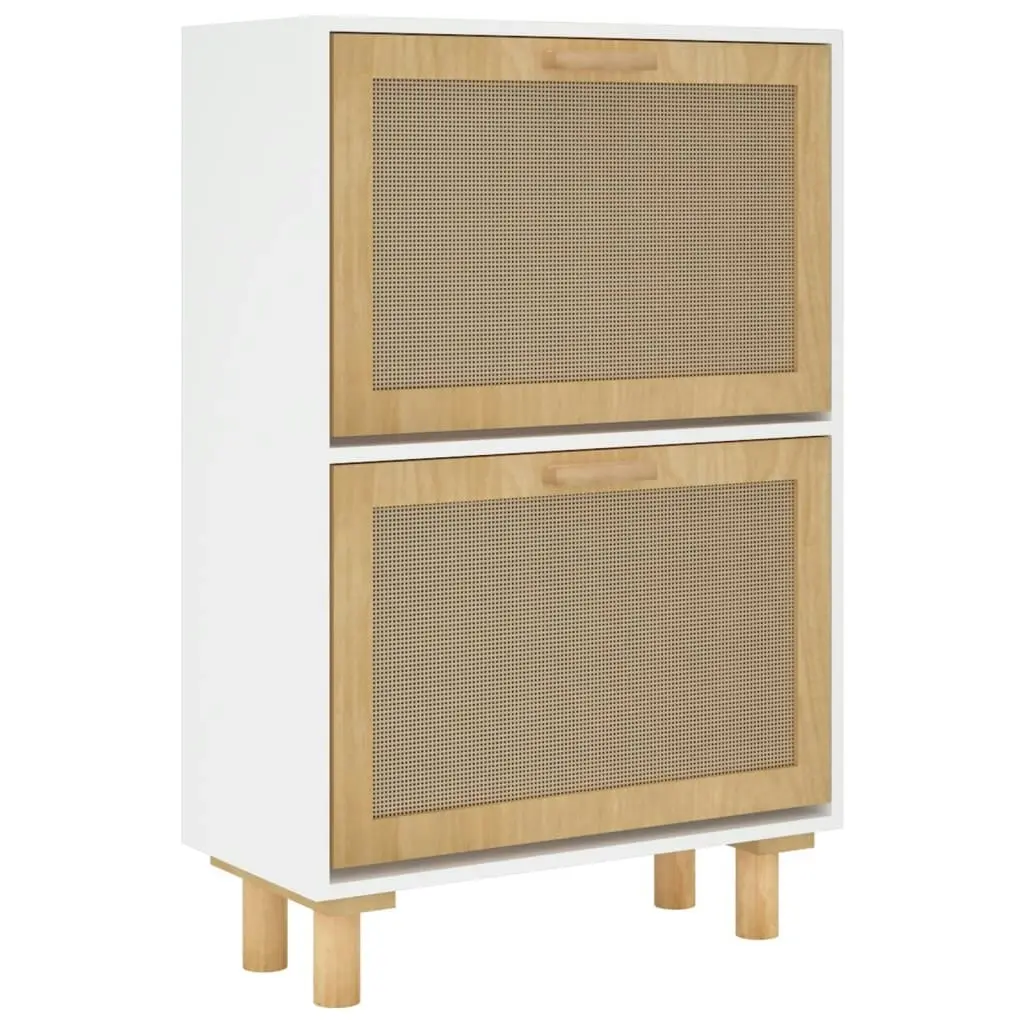 Shoe Cabinet White 52x25x80 cm Engineered Wood and Natural Rattan 345645