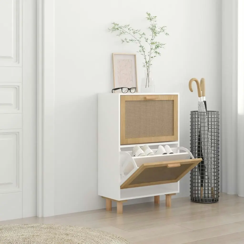 Shoe Cabinet White 52x25x80 cm Engineered Wood and Natural Rattan 345645