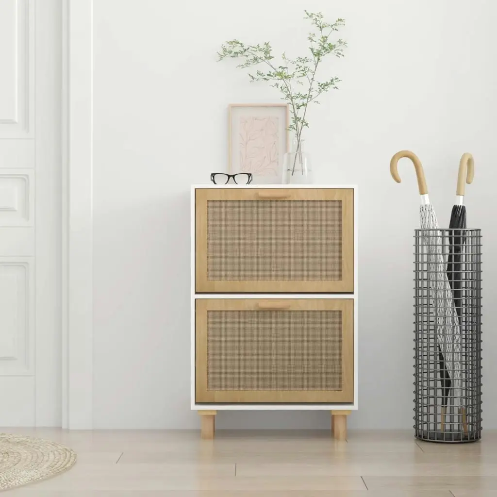 Shoe Cabinet White 52x25x80 cm Engineered Wood and Natural Rattan 345645