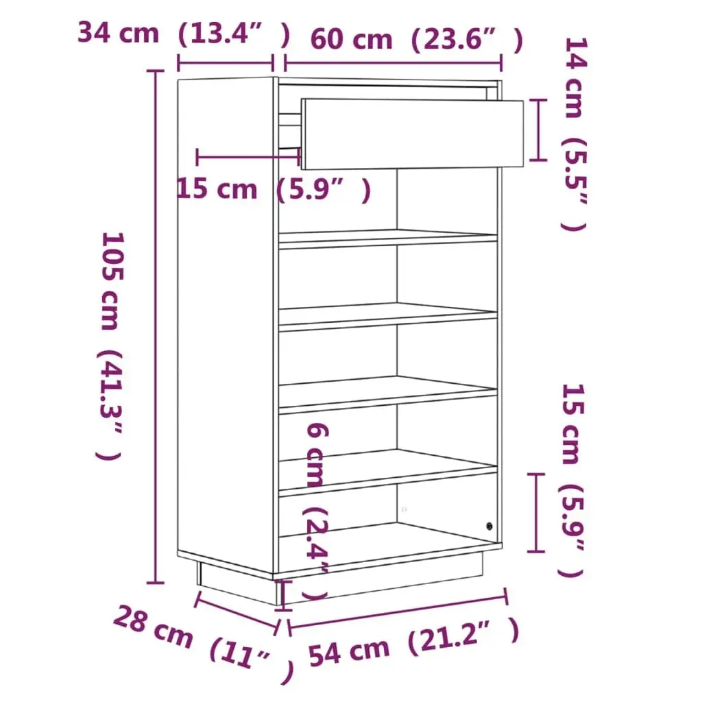 Shoe Cabinet White 60x34x105 cm Solid Wood Pine 813551