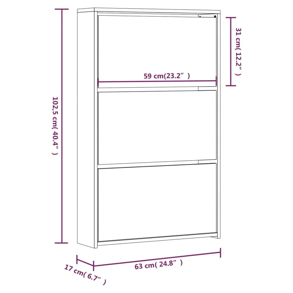 Shoe Cabinet with Mirror 3-Layer Black 63x17x102.5 cm 342635