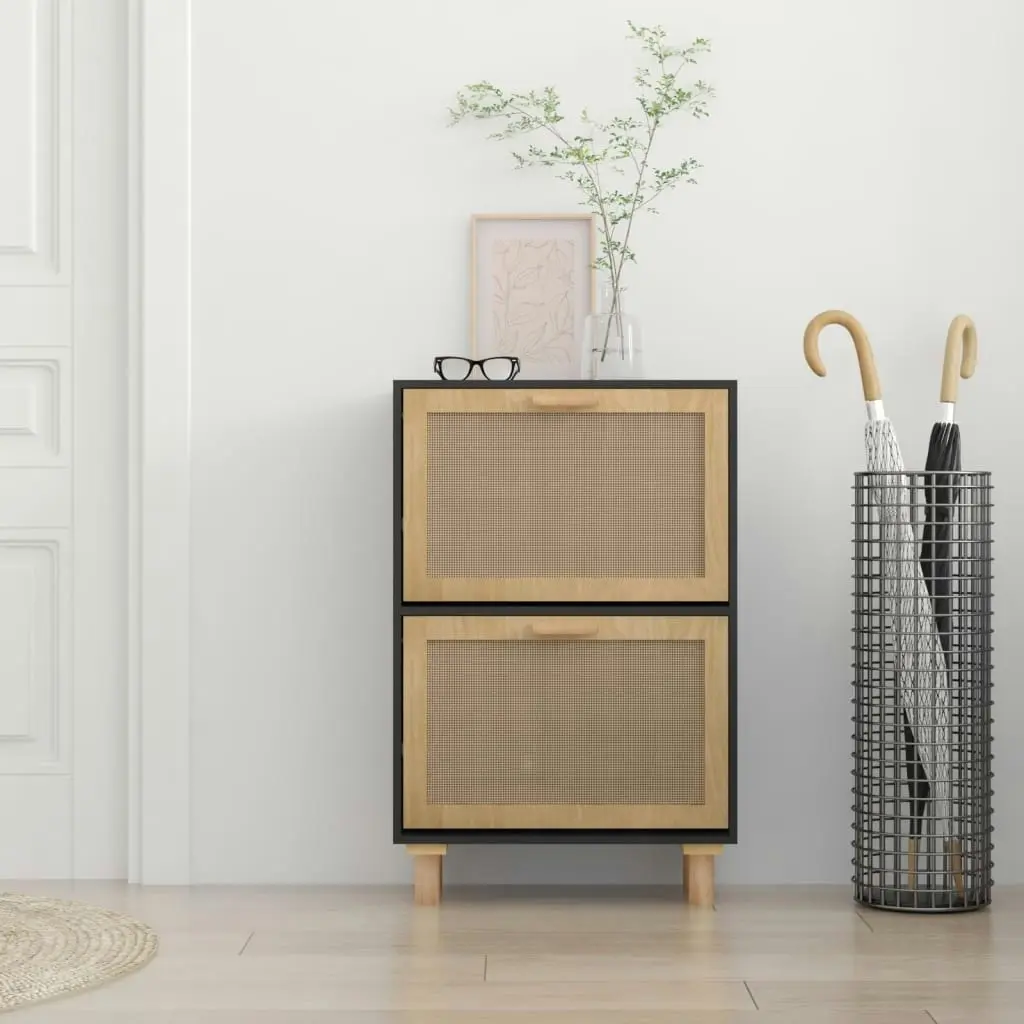 Shoe Cabinet Black 52x25x80 cm Engineered Wood and Natural Rattan 345646