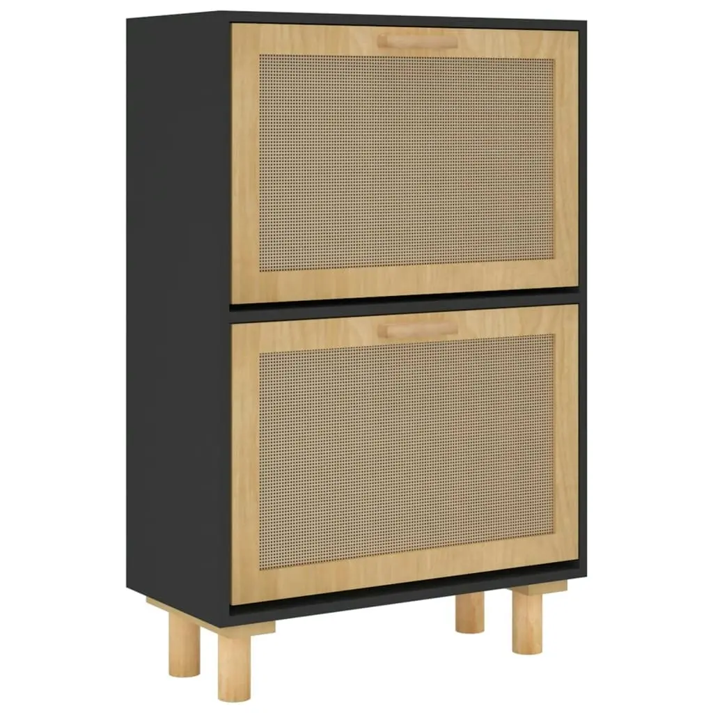 Shoe Cabinet Black 52x25x80 cm Engineered Wood and Natural Rattan 345646