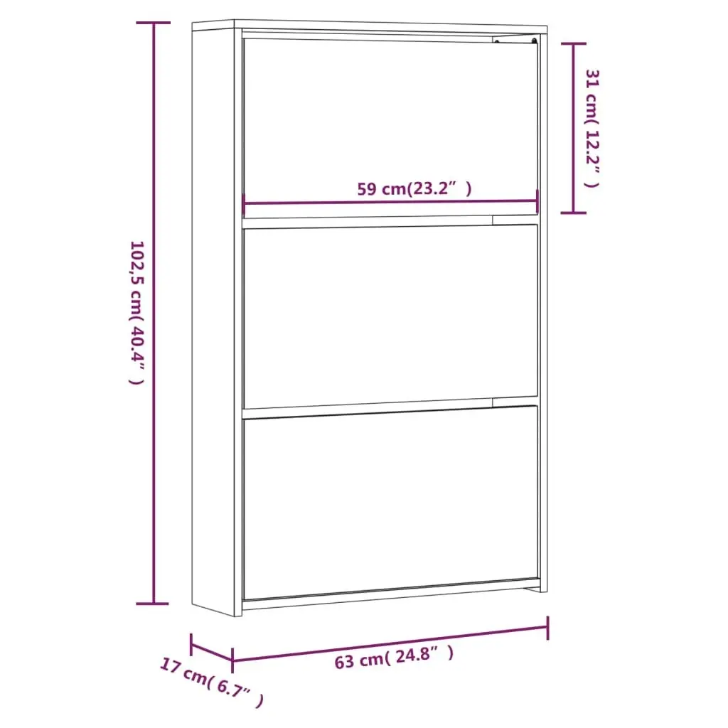 Shoe Cabinet with Mirror 3-Layer High Gloss White 63x17x102.5 cm 342637