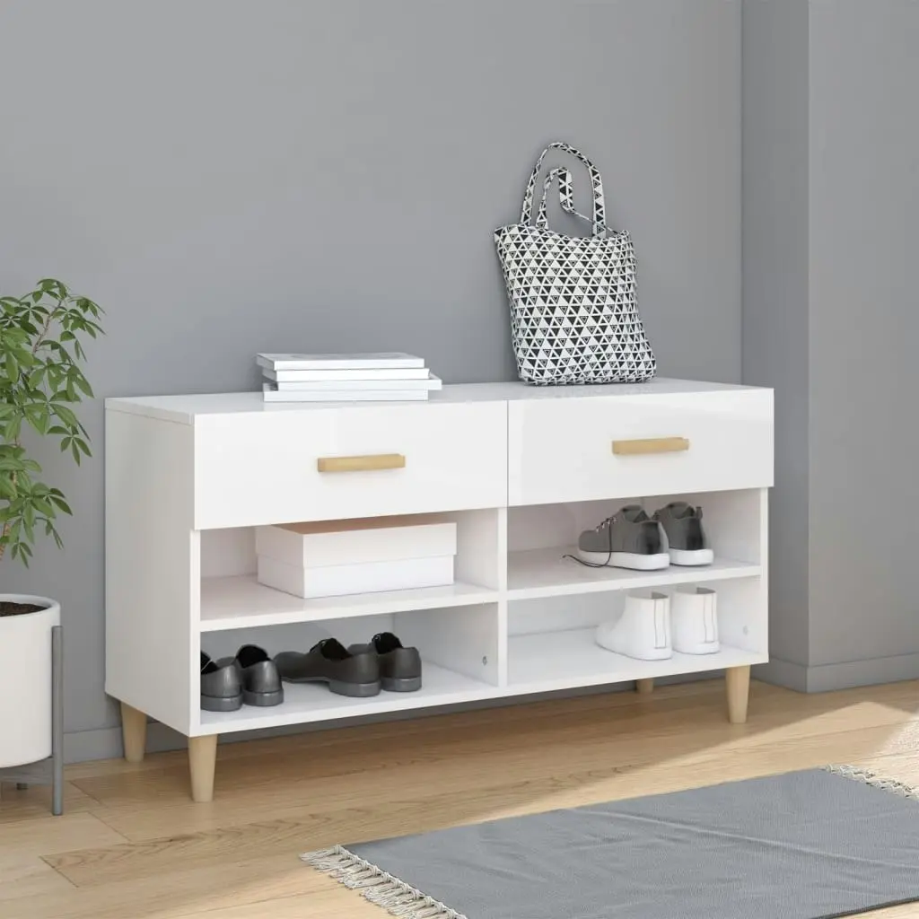 Shoe Cabinet High Gloss White 102x35x55 cm Engineered Wood 812822