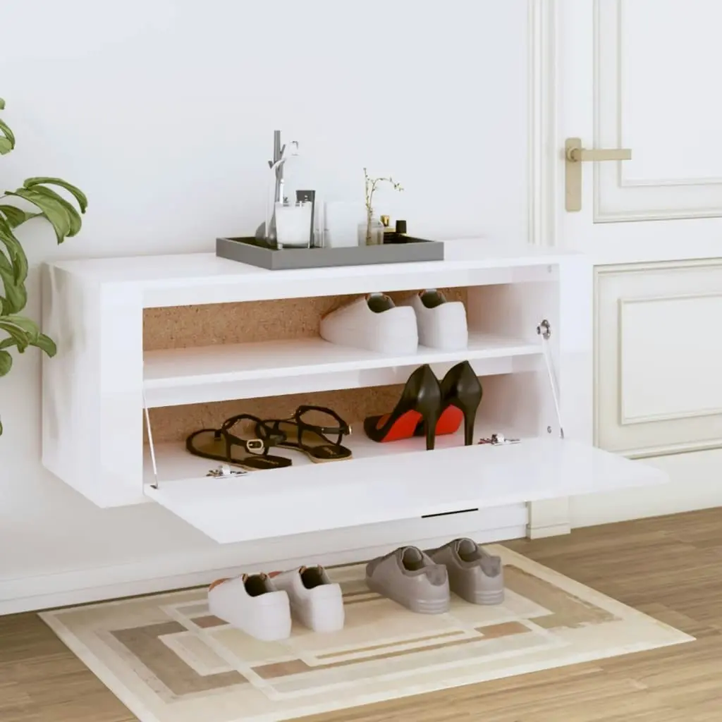 Wall Shoe Cabinet High Gloss White 100x35x38 cm Engineered Wood 821022