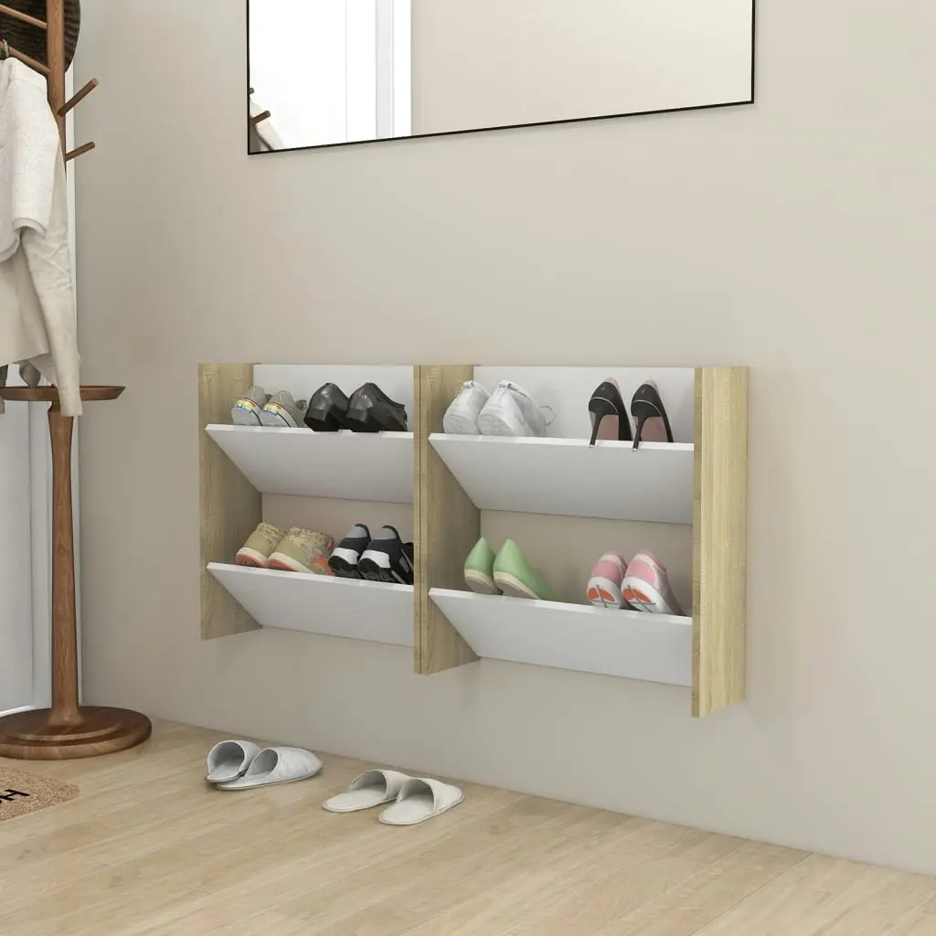 Wall Shoe Cabinets 2 pcs White&Sonoma Oak 60x18x60 cm Engineered Wood 806730