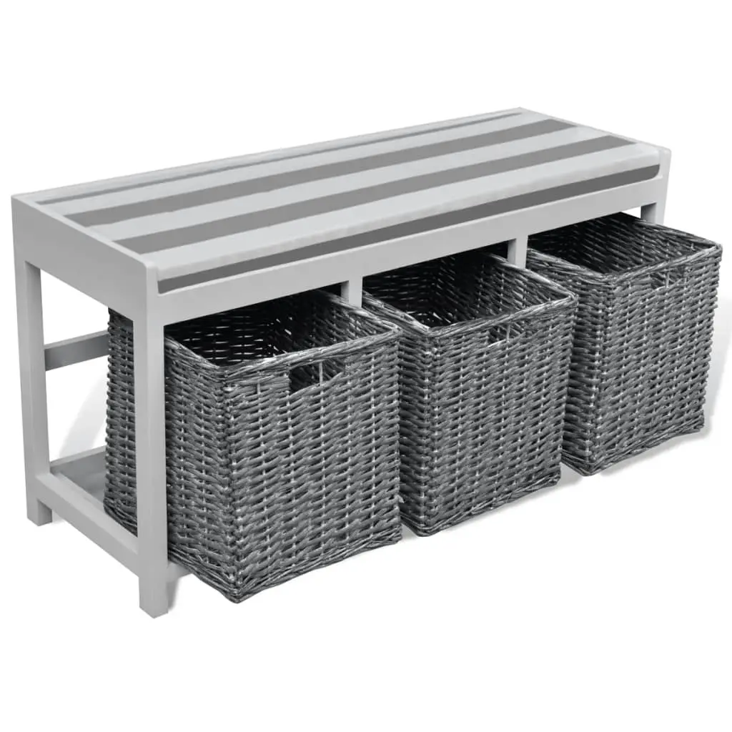 White Storage & Entryway Bench with Cushion Top 3 Basket 240807