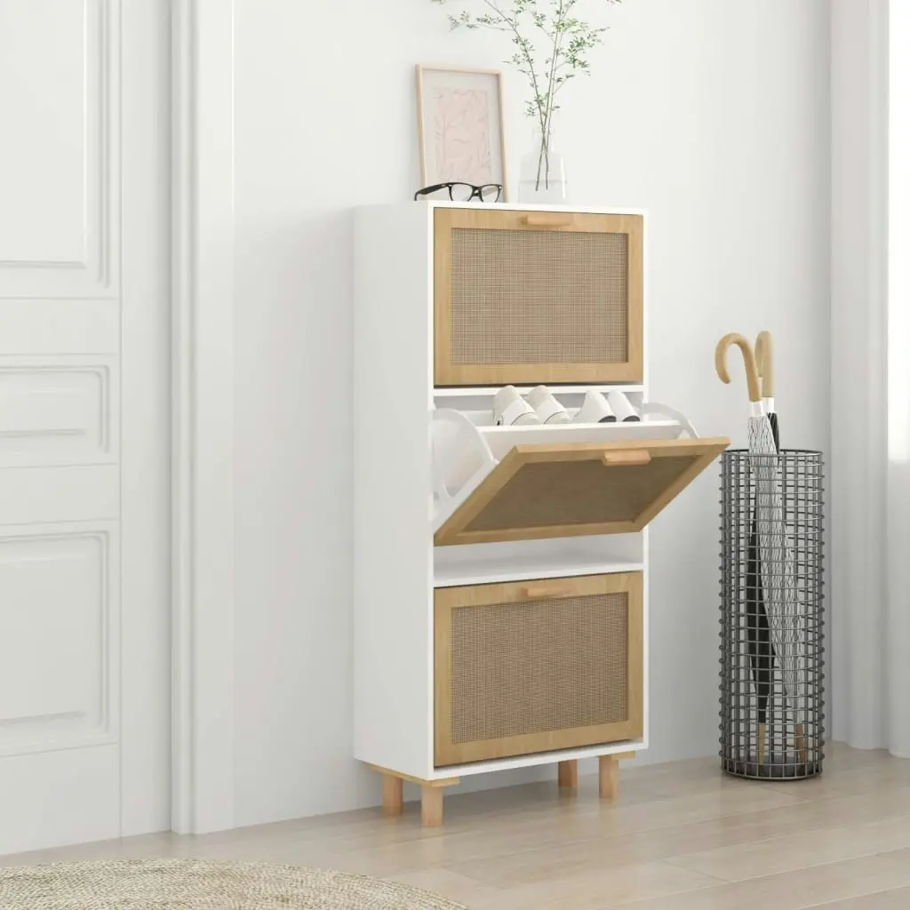 Shoe Cabinet White 52x25x115 cm Engineered Wood and Natural Rattan 345648