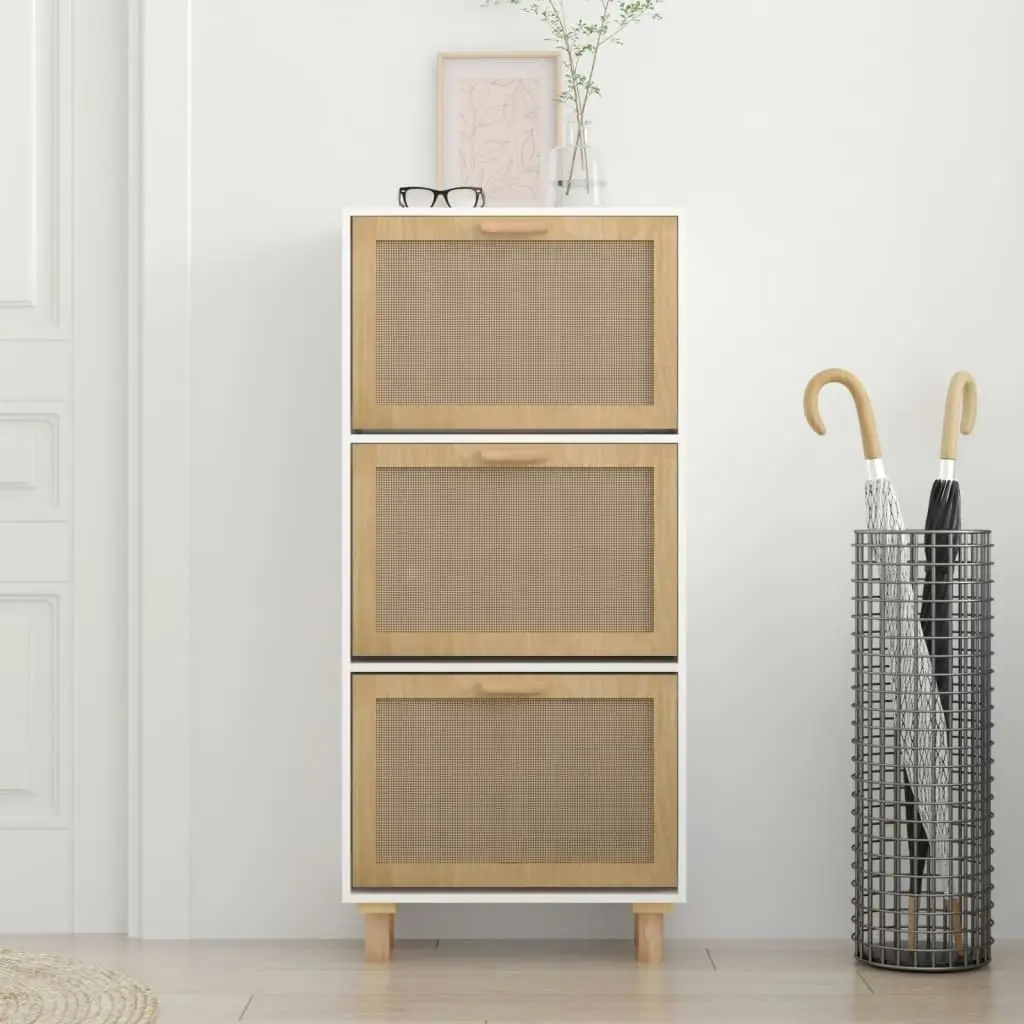 Shoe Cabinet White 52x25x115 cm Engineered Wood and Natural Rattan 345648