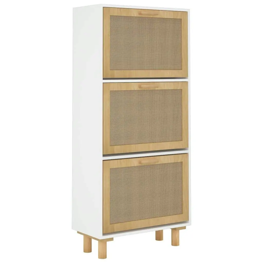 Shoe Cabinet White 52x25x115 cm Engineered Wood and Natural Rattan 345648