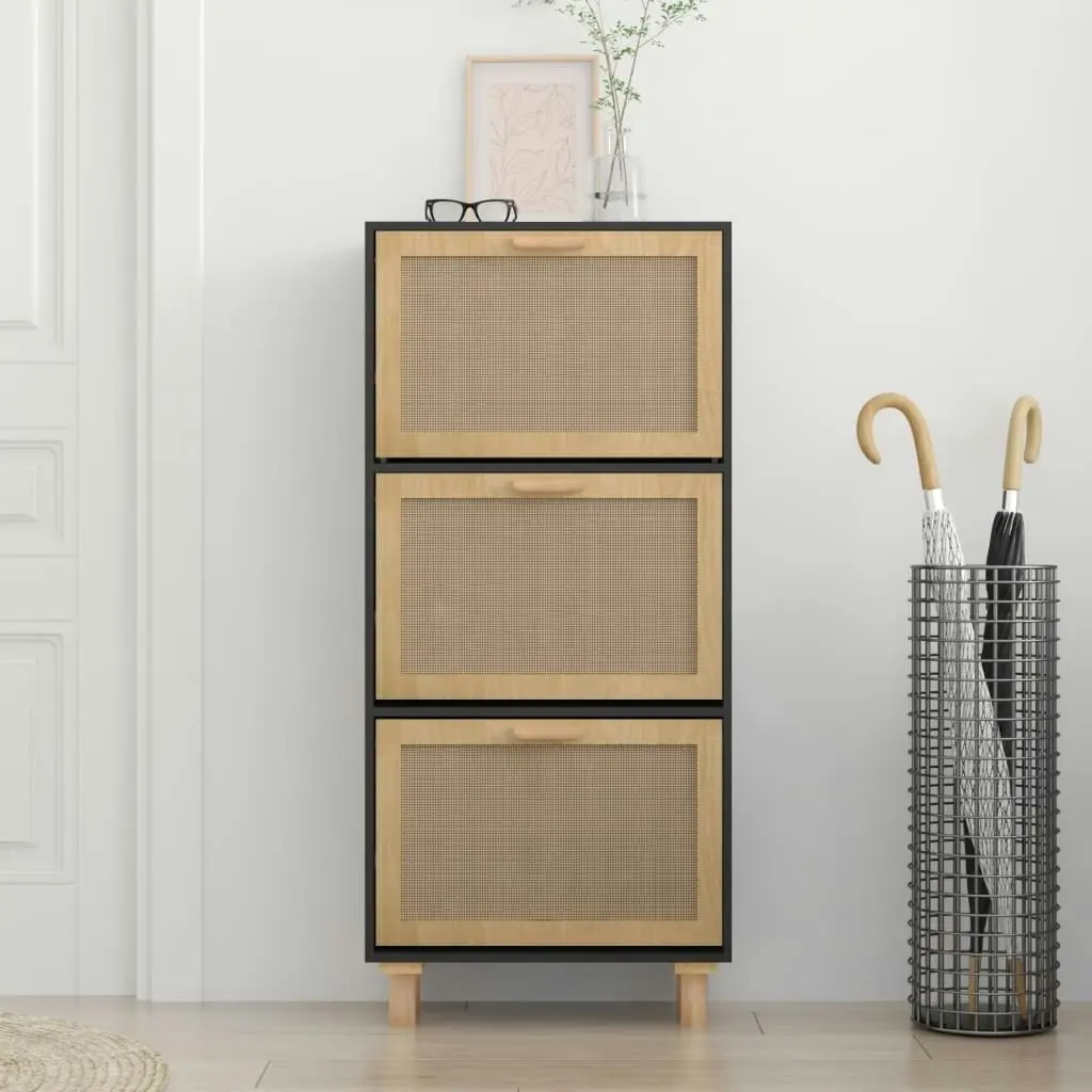 Shoe Cabinet Black 52x25x115 cm Engineered Wood and Natural Rattan 345649