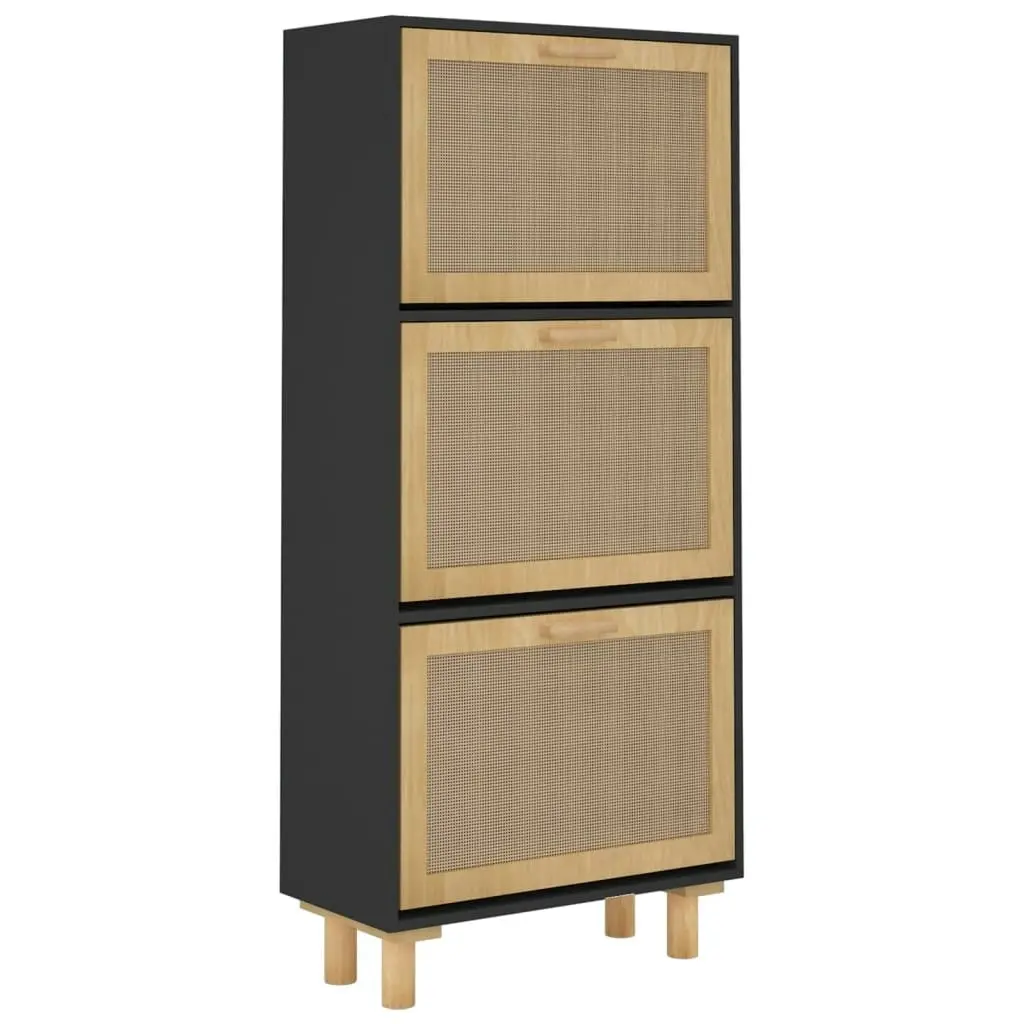 Shoe Cabinet Black 52x25x115 cm Engineered Wood and Natural Rattan 345649